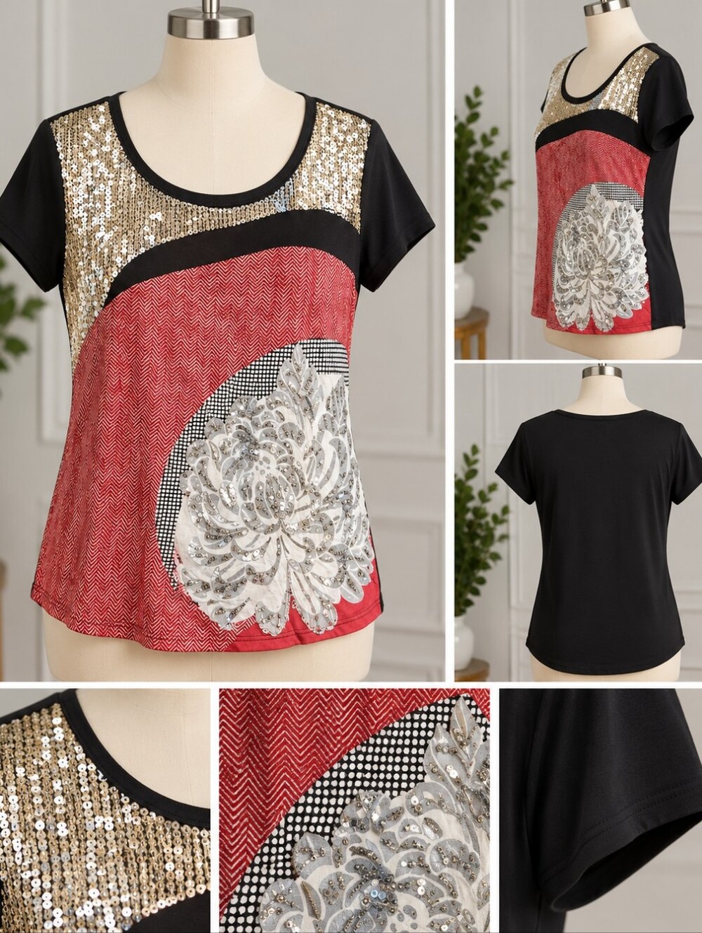 Sequined Colorblock Floral Print Women's Top - Black, Red & Gold